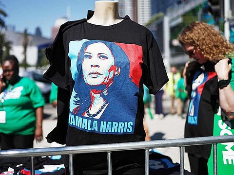 T-shirts bearing the likeness of Democratic presidential candidate, US Vice President Kamala Harris are sold near an outdoor rally during the 46th International Convention of the American Federation of State, County and Municipal Employees (AFSCME) at the Los Angeles Convention Centre on August 14, 2024 in Los Angeles, California.