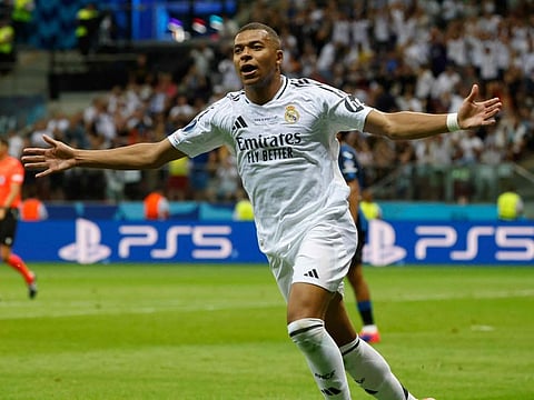 Real Madrid's Kylian Mbappe celebrates after scoring during the Uefa Super Cup match against Atalanta BC in Warsaw on Wednesday.