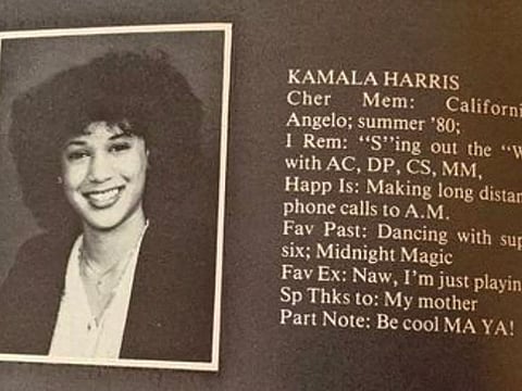 This undated yearbook image released by the Westmount High School and the English Montreal School Board, shows Kamala Harris.