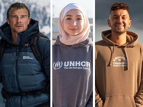 (from left) Bear Grylls, Maya Ghazal, and Zachery Dereniowski