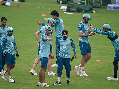 Pakistan's cricketers attend a training session at the Rawalpindi Cricket Stadium in Rawalpindi on Sunday.