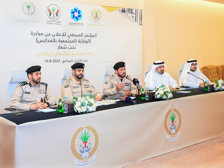 Senior officials from Sharjah Police Academy, Sharjah Police, Sharjah Social Services Department and Sharjah Private Education Authority during a press conference on Monday to announce the new campaign for schools