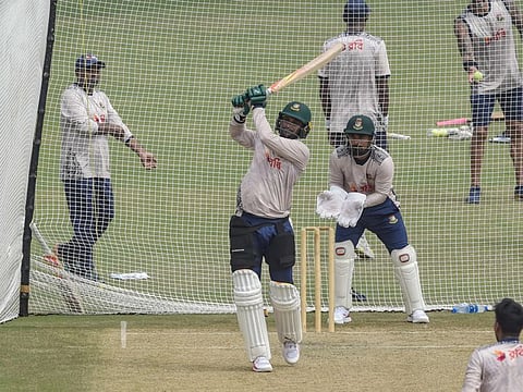 Bangladesh's Shakib Al Hasan bats during a practice session at the Gaddafi Cricket Stadium in Lahore on August 16.