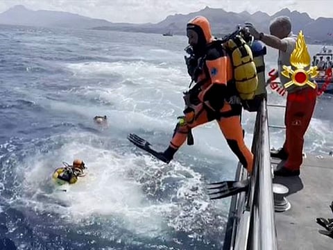 Divers off Porticello on the site where the British-flagged luxury yacht Bayesian sank with 22 people onboard.