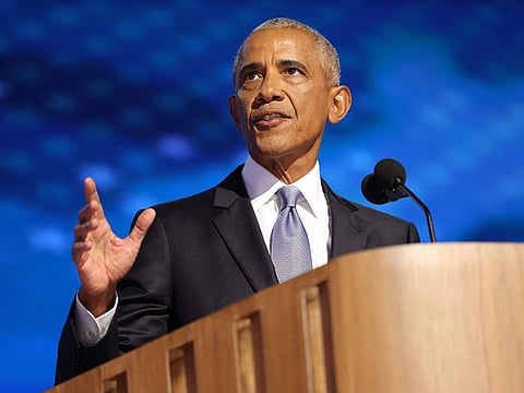 Former US President Barack Obama speaks on the second day of the Democratic National Convention (DNC) at the United Center in Chicago, Illinois.