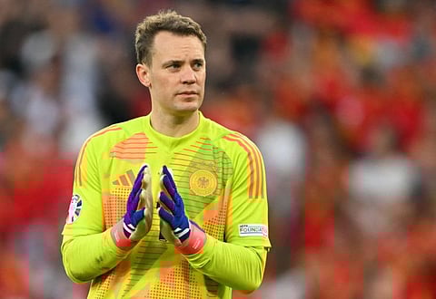 Germany's goalkeeper Manuel Neuer applauds the fans after the UEFA Euro 2024 quarter-final football match against Spain at the Stuttgart Arena in Stuttgart on July 5.