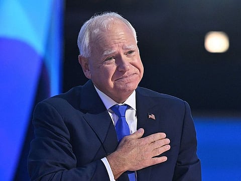 Minnesota Governor and 2024 Democratic vice presidential candidate Tim Walz gestures after speaking on the third day of the Democratic National Convention.