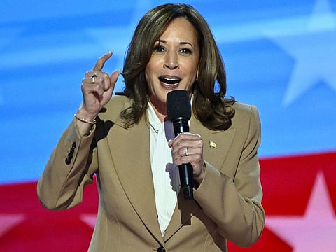 US Vice-President and 2024 Democratic presidential candidate Kamala Harris speaks on the first day of the Democratic National Convention (DNC) at the United Centre in Chicago, Illinois, on August 19, 2024.