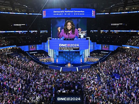 US producer/actress Oprah Winfrey speaks on the third day of the Democratic National Convention (DNC) at the United Center in Chicago, Illinois, on August 21, 2024.