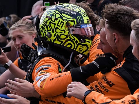Winner McLaren's British driver Lando Norris celebrates after winning the Formula One Dutch Grand Prix at The Circuit Zandvoort, western Netherlands, on Sunday.