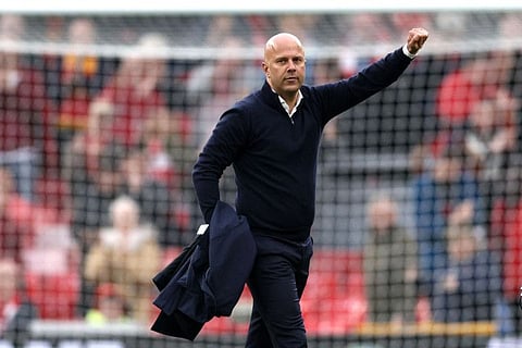 Liverpool's Dutch manager Arne Slot reacts following the English Premier League football match against Brentford at Anfield in Liverpool, north west England on Sunday.