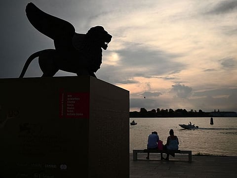 A sculpture of a winged lion, which symbolizes the city of Venice, is pictured on August 30, 2022 during at Lido di Venezia in Venice, Italy, on the eve of the opening of the 79th Venice International Film Festival.