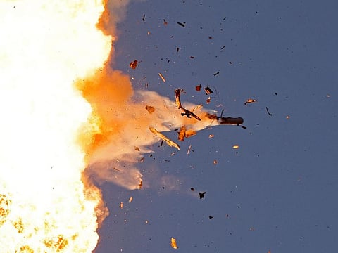 This photo taken from a position in northern Israel shows a Hezbollah UAV intercepted by Israeli air forces over north Israel on August 25, 2024. The Israeli military announced early August 25 that it was conducting pre-emptive strikes in Lebanon after detecting preparations for "large-scale" attacks by the Iran-backed militant group Hezbollah.