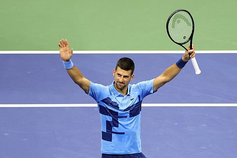 Novak Djokovic of Serbia celebrates after defeating Radu Albot of Moldova during their Men's Singles First Round match on Day One of the 2024 US Open at the USTA Billie Jean King National Tennis Center on Monday night.