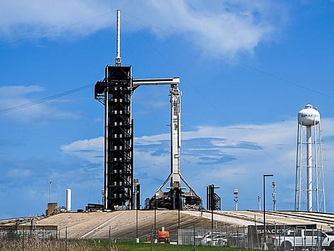 A SpaceX Falcon 9 rocket with the Crew Dragon Resilience capsule sits on Launch Complex 39A at Kennedy Space Center ahead of the Polaris Dawn Mission in Cape Canaveral, Florida, August 26, 2024.