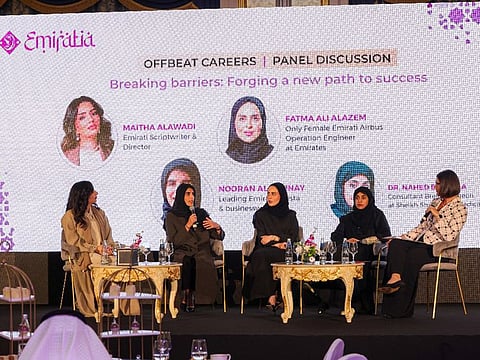 Maitha Alawadi, Emirati Scriptwriter and Director, Fatma Ali AlAzem, 0nly Female Emirati Airbus Operation Engineer at Emirates, Nooran Al Bannay, Leading Emirati barista & businesswoman, Dr. Nahed Balalaa, Consultant Breast Surgeon at Sheikh Shakhbout Medical City a panel discussion on Breaking Barriers: Forging a New Path to Success at Emiratia