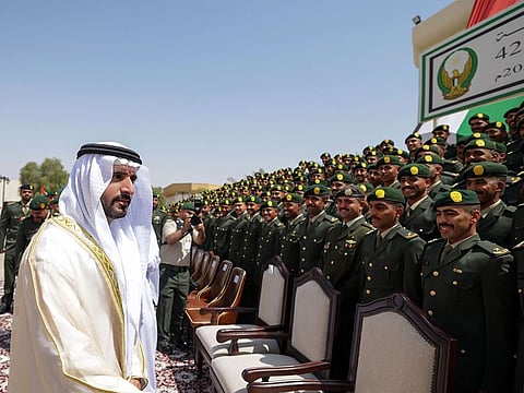 Sheikh Hamdan bin Mohammed bin Rashid Al Maktoum during the graduation ceremony of the 41st and 42nd batch of cadet officers of the Zayed II Military College in Al Ain.