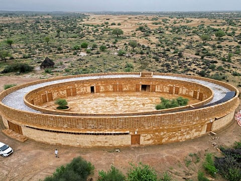 A view of Rajkumari Ratnavati Girls' School, in Kanoi village near Jaisalmer, in India's desert state of Rajasthan.