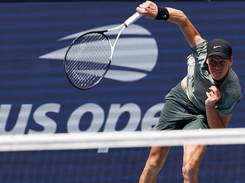 Italy's Jannik Sinner serves to USA's Alex Michelsen during their men's singles second round tennis match on day four of the US Open tennis tournament at the USTA Billie Jean King National Tennis Center in New York City, on Thursday.