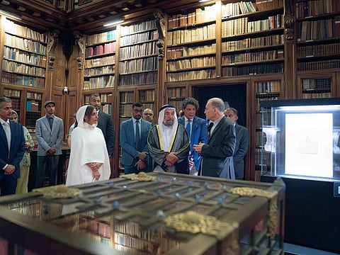 His Highness Dr Sheikh Sultan bin Mohammed Al Qasimi, Member of the Supreme Council and Ruler of Sharjah, during his visit to the Ambrosiana Library in Milan, Italy, on Thursday. Established in 1609.