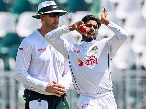 Bangladesh's Mehidy Hasan Miraz bowls during the second day of second Test match against Pakistan, at the Rawalpindi Cricket Stadium in Rawalpindi on August 31, 2024.