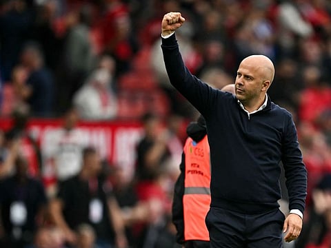 Liverpool's Dutch manager Arne Slot reacts after the English Premier League football match against Manchester United at Old Trafford in Manchester, north west England, on Sunday.