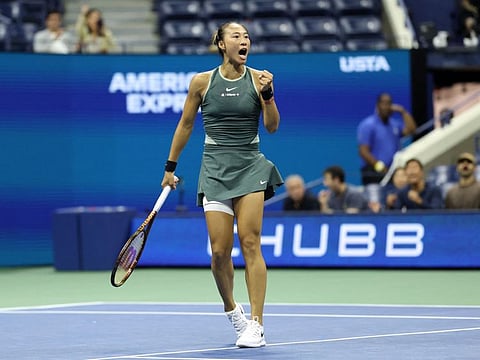 China's Qinwen Zheng celebrates winnning a point against Croatia's Donna Vekic during their women's singles round of 16 tennis match on day seven of the US Open tennis tournament at the USTA Billie Jean King National Tennis Center in New York City, on Monday.