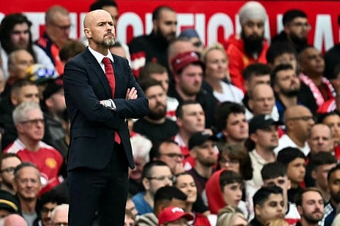 Manchester United's Dutch manager Erik ten Hag looks on during the English Premier League football match against Liverpool at Old Trafford in Manchester, north west England, on Sunday.