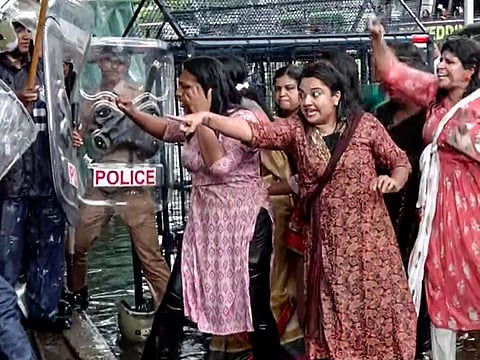 Mahila Congress workers hold a protest against Malayalam actor and Communist Party of India (Marxist) MLA M Mukesh following a female actor's allegation that he sexually assaulted her years ago, in Thiruvananthapuram on Friday, August 30, 2024.