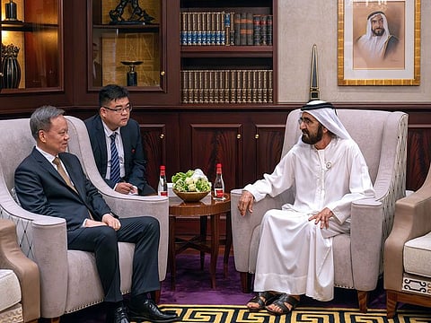 His Highness Sheikh Mohammed bin Rashid Al Maktoum, Vice President and Prime Minister of the UAE and Ruler of Dubai, with Chen Miner in Dubai on Tuesday