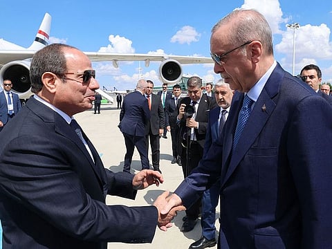 Turkish President Recep Tayyip Erdogan (right) welcomes his Egyptian counterpart Abdul Fattah Al Sissi at the start of his official visit to Turkey on September 3, 2024. After a decade of frosty relations, the two leaders said they had turned over a "new leaf" in ties in February, when Ergodan visited Cairo. In 2013, Ankara and Cairo cut ties after Sisi, then defence minister, ousted Islamist president Mohamed Morsi, an ally of Turkey and part of the Muslim Brotherhood movement. (Photo by Mustafa KAMACI / TURKISH PRESIDENTIAL PRESS SERVICE / AFP) / - NO Editorial use / RESTRICTED TO EDITORIAL USE - MANDATORY CREDIT "AFP PHOTO / TURKISH PRESIDENCY PRESS OFFICE" - NO MARKETING NO ADVERTISING CAMPAIGNS - DISTRIBUTED AS A SERVICE TO CLIENTS