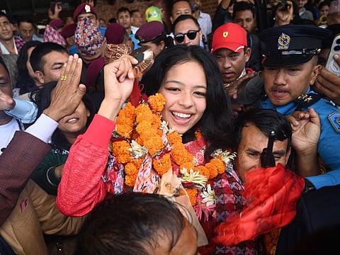Paris 2024 Paralympic Games taekwondo bronze medallist Palesha Goverdhan is welcomed by the crowd upon her arrival at the Tribhuvan International Airport in Kathmandu on Wednesday.