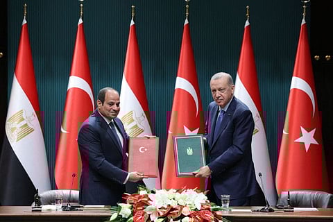 Turkish President Recep Tayyip Erdogan (right) and Egyptian President Abdul Fattah Al Sissi during the signing of an agreement at the Presidential Complex in Ankara on September 4, 2024..