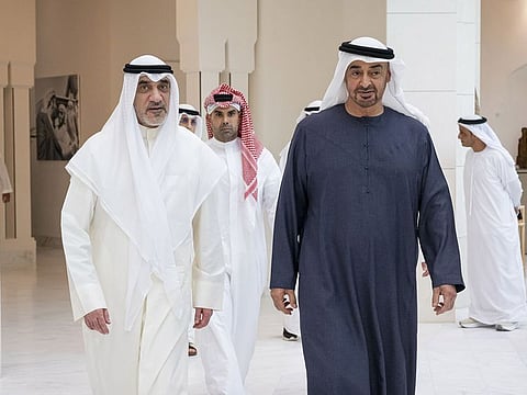 President His Highness Sheikh Mohamed bin Zayed Al Nahyan with Sheikh Fahad Yusuf Saud Al Sabah, First Deputy Prime Minister, Minister of Defence, and Minister of Interior of the State of Kuwait, at Qasr Al Shati in Abu Dhabi on Wednesday