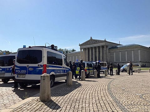 Police officers secure the area around the Koenigsplatz square after a shooting near the building of the Documentation Centre for the History of National Socialism (NS-Dokumentationszentrum) in Munich, southern Germany, on September 5, 2024.