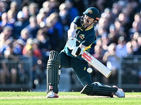Australia's Travis Head plays a shot during the first Twenty20 International against Scotland at the Grange Cricket Club in Edinburgh, Scotland, on September 4, 2024.
