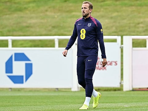 England's striker Harry Kane takes part in a team training session at St George's Park in Burton-on-Trent, central England, on September 4, 2024 ahead of their UEFA Nations League League B, Group 2 football match against Finland on September 10.