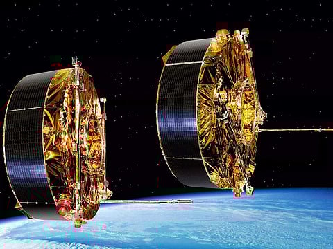 This handout photograph taken on July 16, 2000 and released on January 15, 2001 by European Space Agency (ESA) shows CLUSTER-2's artist impression with real satellites in orbit. After 24 years of studying Earth's magnetic environment, the Salsa satellite is expected to disintegrate on September 8, 2024