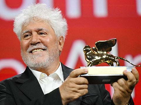 Spanish director Pedro Almodovar poses with the Golden Lion for Best Film he reveived for 'The Room Next Door' during the award ceremony of the 81st Venice Film Festival on September 7, 2024 at Venice Lido.