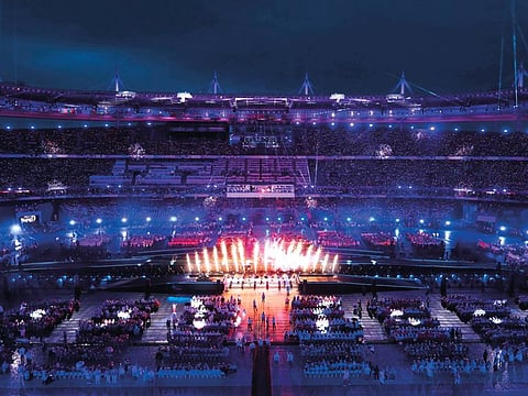 Fireworks is seen as French singer Santa performs on stage during the Paris 2024 Paralympic Games Closing Ceremony at the Stade de France, in Saint-Denis, in the outskirts of Paris, on Sunday.