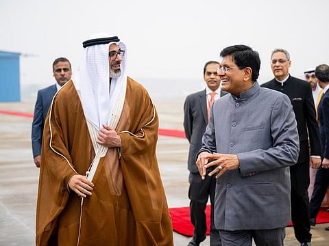 Sheikh Khaled bin Mohamed bin Zayed Al Nahyan, Crown Prince of Abu Dhabi, with Piyush Goyal, India’s Minister of Commerce and Industry, in New Delhi on Sunday