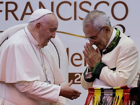 East Timor's President Jose Ramos-Horta gestures to Pope Francis during a meeting with East Timor authorities, civil society, and members of the diplomatic corps at the Presidential Palace in Dili on September 9, 2024.