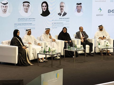 (from left) Dr Laila Hussen Aljasmi, Head of Communicable Disease and Immunisation Section (MOHAP); Dr Faisal Alahbabi, Acting Executive Director Of Communicable Disease Sector at Abu Dhabi Public Health Centre; Dr Hussain Abdul Rahman Al Rand, Assistant Undersecretary for the Public Health Sector (MOHAP); Dr Shamsa Majid Lootah, Director Of Public Health Department at Emirates Health Services (EHS); Dr Walid Abuhammour, head of the Infectious Disease Department, Aljalila Children's Hospital- Dubai Health; and Dr Abdullah Al Rasasi, Head Of The Preventive Medicine Department At Dubai Health Authority
