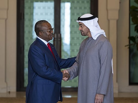 President His Highness Sheikh Mohamed bin Zayed Al Nahyan with Umaro Sissoco Embaló, President of Guinea-Bissau, at Qasr Al Shati in Abu Dhabi on Monday