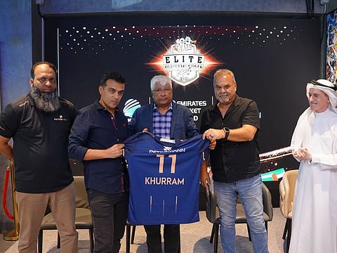 Mazhar Khan (centre) and Dav Whatmore (second from right) during the launch of the Elite Corporate Cricket Bash in Sharjah.