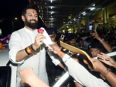 Patna, Aug 29 (ANI): Union Minister of Food Processing Industries and Lok Janshakti Party (Ram Vilas) chief Chirag Paswan being welcomed by party supporters after re-elected as party chief, in Patna on Thursday. (ANI Photo)
