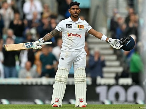 Sri Lanka's Pathum Nissanka celebrates his century on day four of the third Test against England at The Oval.
