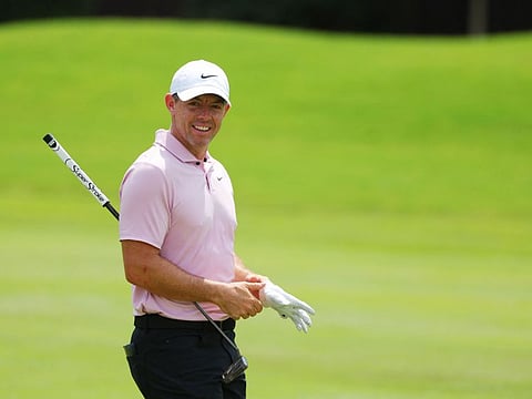 Rory McIlroy of Northern Ireland reacts to a shot on the seventh hole during the final round of the Tour Championship at East Lake Golf Club on September 01.