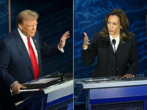 Former US President and Republican presidential candidate Donald Trump (L) and US Vice President and Democratic presidential candidate Kamala Harris  participating in a presidential debate at the National Constitution Center in Philadelphia, Pennsylvania, on September 10, 2024.