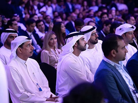 Sheikh Hamdan bin Mohammed bin Rashid Al Maktoum, Crown Prince of Dubai, Deputy Prime Minister and Minister of Defence of the UAE, Chairman of The Executive Council of Dubai, and Chairman of the Higher Committee for Future Technology and Digital Economy, attends a session during the Festival on Wednesday